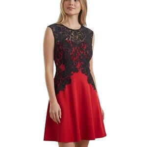 Melrose Cocktail Dress Womens 14 Red‎ Black Sheer Contrast Lace Holiday Romantic